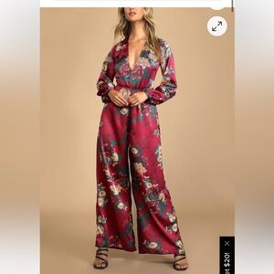 Floral V-Neck Jumpsuit in Burgundy